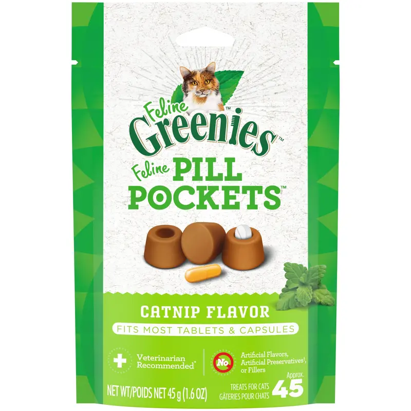 FELINE GREENIES PILL POCKETS for Cats Natural Soft Cat Treats  Catnip Flavor  1.6 oz. Pack (45 Treats)
