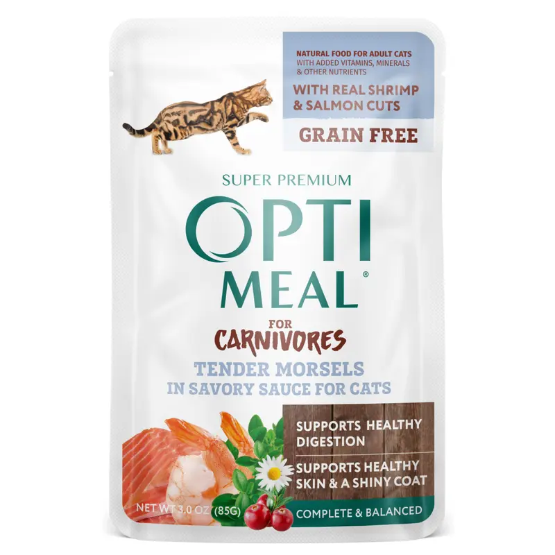 Optimeal Tender Morsels 3oz Grain Free Cat Pouch Shrimp Salmon
