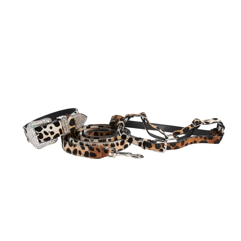 Snow Leopard Print Hair On Hide Italian Leather Swarovski Crystal Collar, Leash, Harness Set