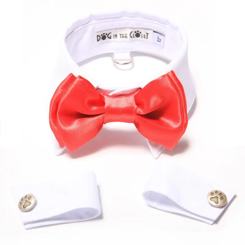 White Shirt Dog Collar with Red Bow Tie