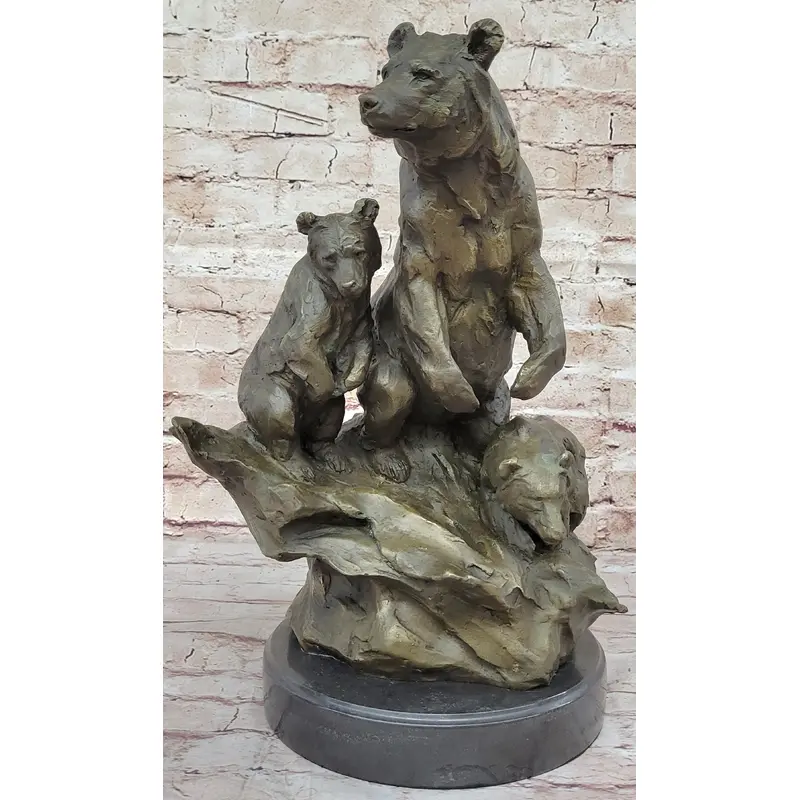 Large Mother Bear With her Cubs on a Rock Bronze Art Deco Marble Sculpture Barye