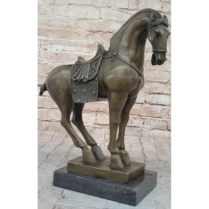 Tang Dynasty Horse Bronze Sculpture Mantle Marble Base Statue Hot Cast Figurine 14" x 12"