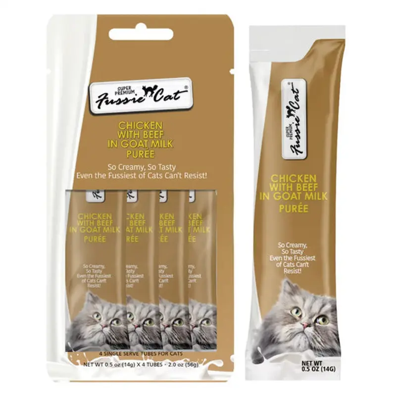 Fussie Cat Chicken with Beef in Goat Milk Puree Lickable Cat Treats .5oz 4pk