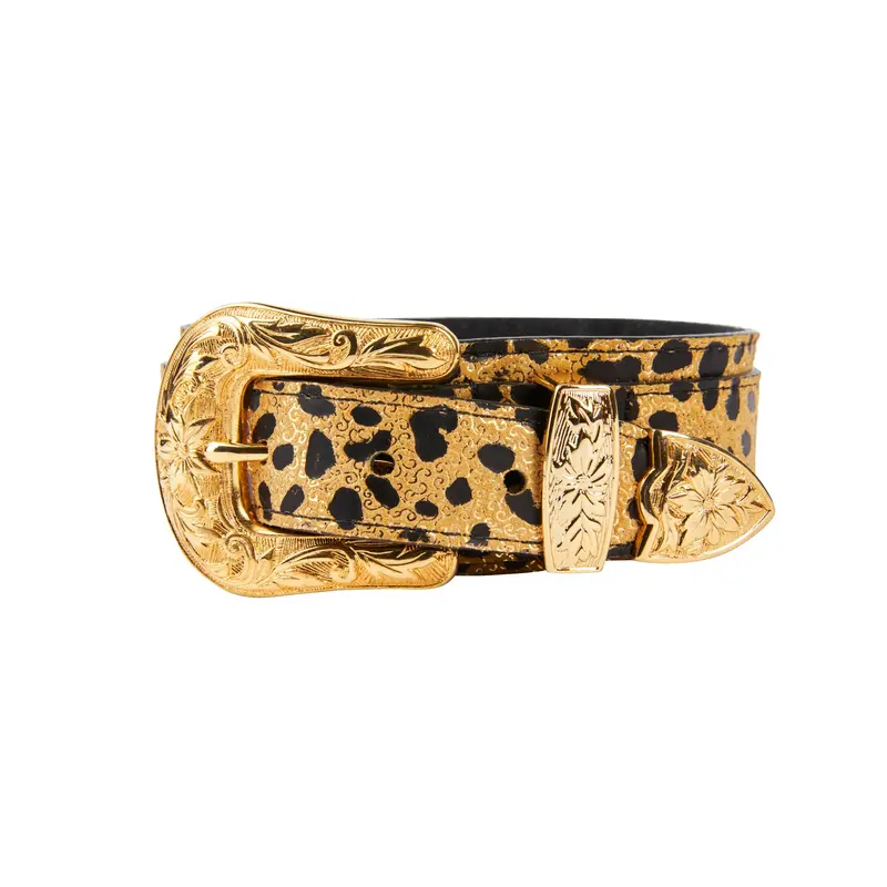 Leopard Print Italian Leather Collar With Gold Western Style Floral Hardware